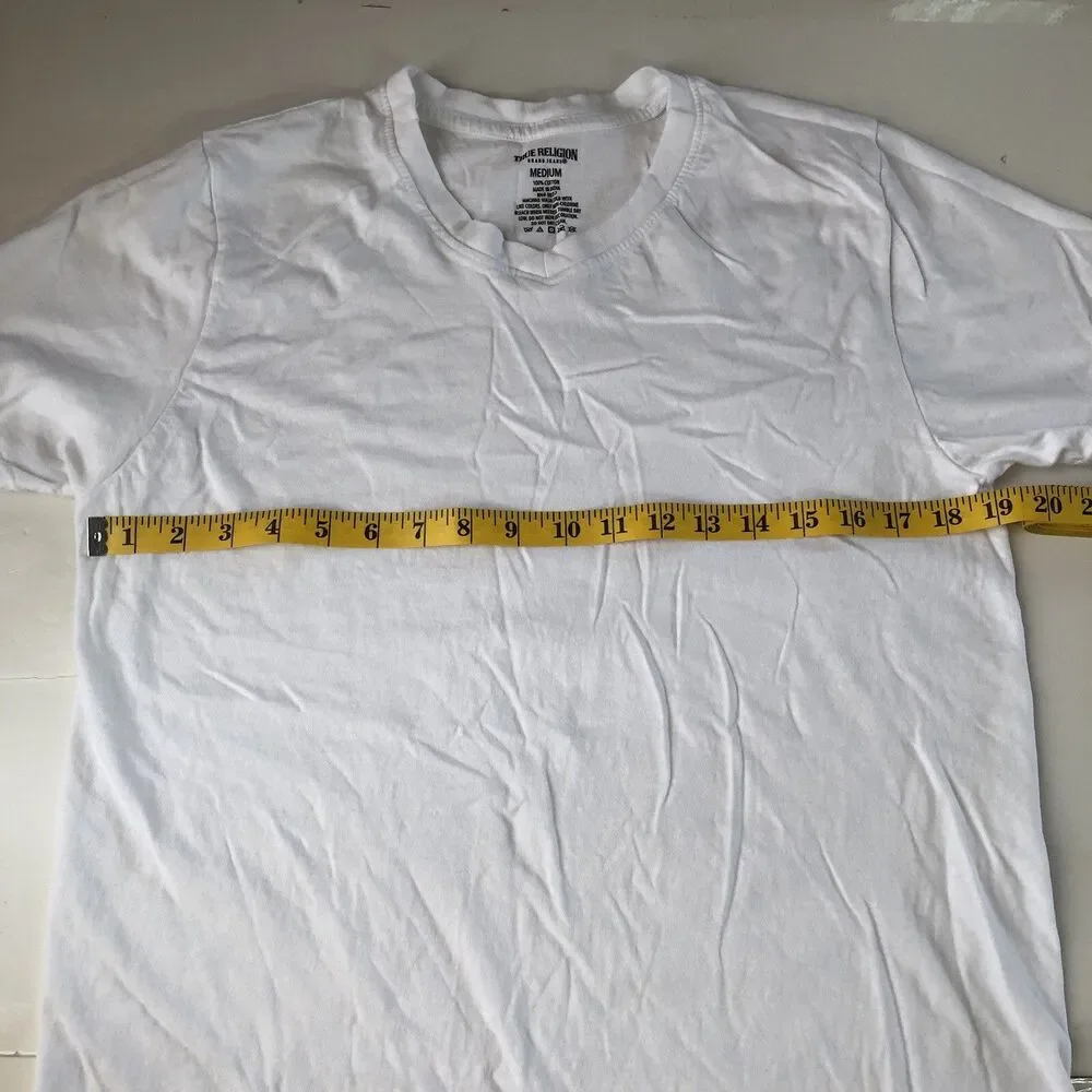 True Religion Brand Jeans T-shirt Silver Metallic Logo White V-neck Size Medium